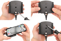 Support avec chargeur allume-cigare pour iPhone 15 Pro Max avec étui (largeur 75-89 mm, ép.: 6-10 mm) - Réf Brodit 721371