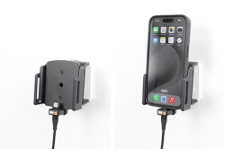 Support pour Apple iPhone 15/15 Pro avec étui (Largeur : 70-83 mm, ép. : 8-12 mm) avec cable USB et adaptateur allume-cigare. Réf Brodit 721376