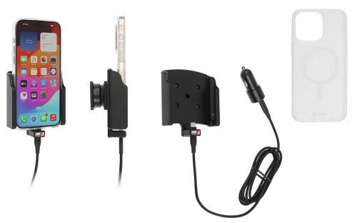 Support Apple iPhone 15 Pro Max avec chargeur allume-cigare + coque magnétique (fournie). Réf Brodit 721396