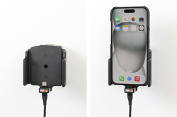 Support avec chargeur allume-cigare pour iPhone 15/15 Pro avec étui (largeur 70-83 mm, ép.: 6-10 mm) - Réf Brodit 721370
