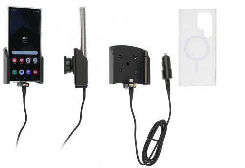 Support Samsung Galaxy S24 Ultra avec chargeur allume-cigare + coque magnétique (fournie). Réf Brodit 721406