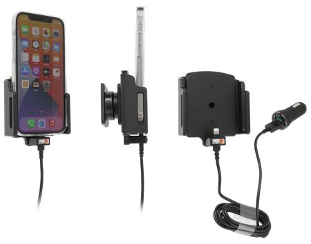 Support avec adaptateur allume-cigare et cable USB pour iPhone 12 avec étui (largeur 70-83 mm, ép.: 6-10 mm) - Réf Brodit 721239