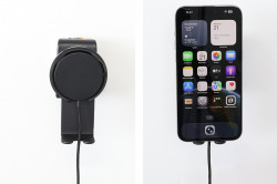 Support avec chargeur sans fil magnétique pour smartphones, charge 25 W, avec rotule orientable et maintien sous le support. Réf 217307
