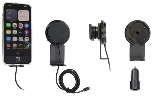 Support avec chargeur sans fil magnétique pour smartphones, charge 25 W, avec rotule orientable, adapt. all-cig et maintien sous le support. Réf 217308