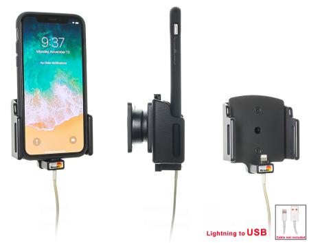 Support voiture iPhone X/XR/Xs/11 avec étui de largeur 70-83 mm et d'épaisseur 2-10 mm - pour utilisation avec cable lightning d'origine. Réf Brodit 714013