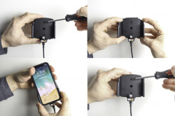 Support voiture iPhone X/XR/Xs/11 pour appareil avec étui de largeur 70-83 mm et d'épaisseur 2-10 mm - avec adaptateur allume-cigare et cable USB. Réf Brodit 721013