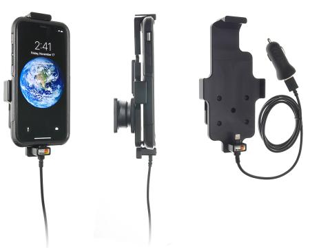 Suport iPhone X/Xs avec adaptateur allume-cigare et cable USB - pour appareil avec étui. Réf Brodit 521998