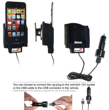 Support voiture  Brodit Apple iPod Touch 4th Generation  avec chargeur allume cigare - Avec rotule. Avec câble USB. Surface &quot