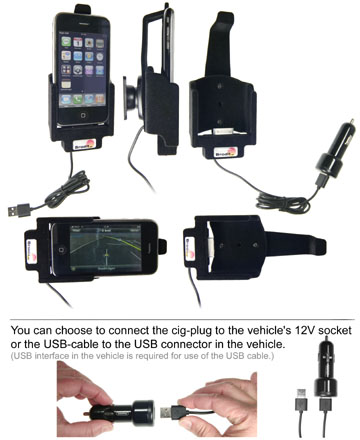 Support voiture  Brodit Apple iPhone 3G  avec chargeur allume cigare - Avec câble allume-cigare et un câble USB. Apple a approuvé câble. Pour une position verticale et horizontale plus sûr. Surface « peau de pèche ». Réf 521023