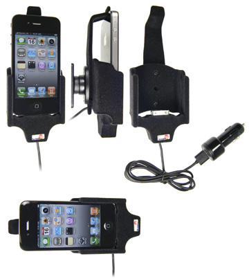 Support voiture  Brodit Apple iPhone 4  avec chargeur allume cigare - Avec rotule. Avec câble USB. Chargeur approuvé par Apple. Pour une position verticale et horizontale plus sûr. Surface « peau de pèche ». Réf 521170