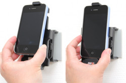 Support voiture  Brodit Apple iPhone 4  avec connexion d'antenne - Support actif avec USB / cig-plug, avec rotule. Convient appareils avec étui. Antenne à induction intégrée (FME mâle). MultiMoveClip et vis incluses. Réf 548400