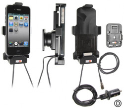 Support voiture  Brodit Apple iPhone 4  avec connexion d'antenne - Support actif avec USB / cig-plug, avec rotule. Convient appareils avec étui. Antenne à induction intégrée (FME mâle). MultiMoveClip et vis incluses. Réf 548400