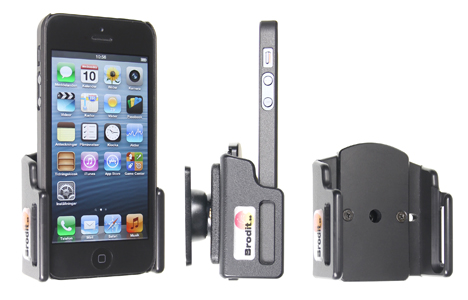 Support voiture  Brodit Apple iPhone 5  passif avec rotule - Support réglable. Pour appareil avec étui de dimensions: Larg: 59-63 mm, épaiss.: 6-10 mm. Utilisation avec câble Apple Lightning vers 30 broches Réf 511431